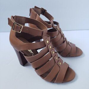 Audrey Brooke Jasmine Leather Studded Gladiator Block Heel Sandals